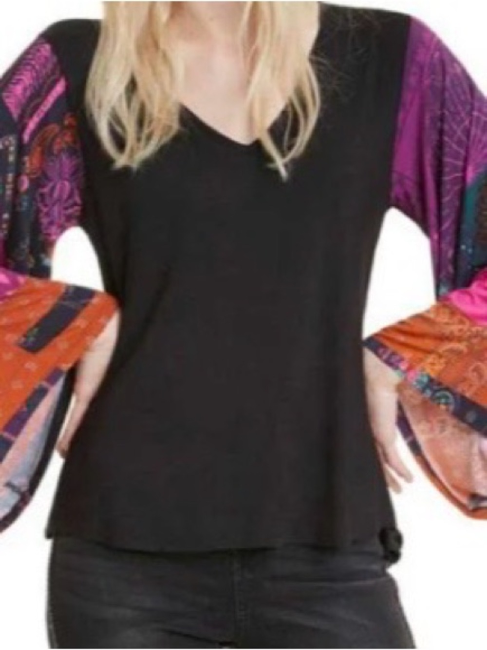 Desigual Moments Black V-Neck Shirt with 70’s print Bell Sleeves Size Medium